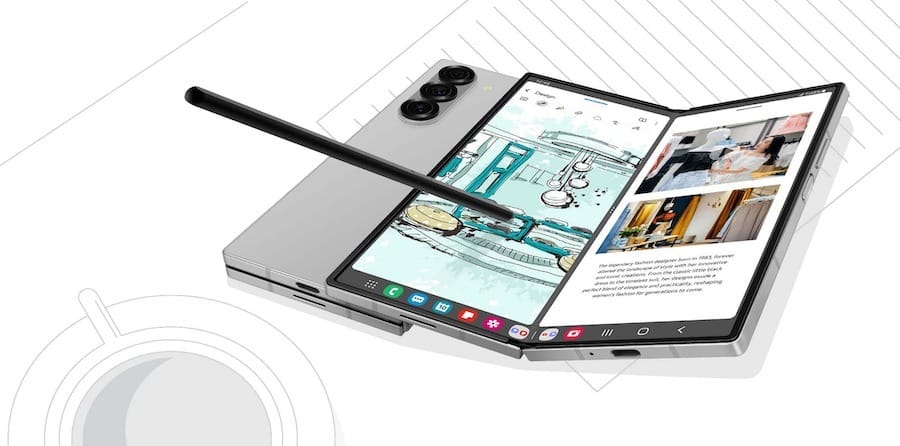 An unfolded Samsung Galaxy Z Fold6 with an S Pen.
