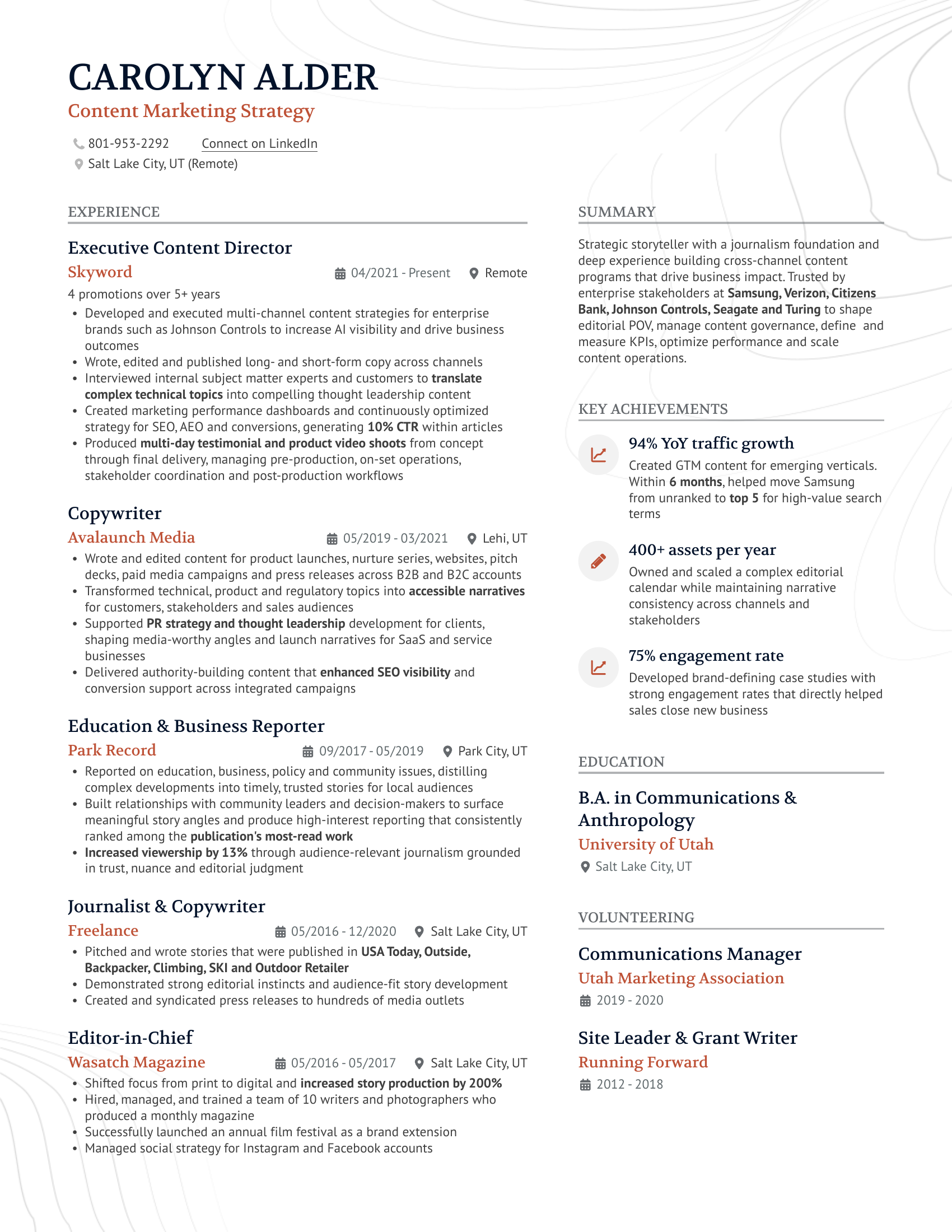 Carolyn Alder’s résumé, page 1 of 1, including experience, achievements, education, and volunteering. Open the PDF to zoom or read its text.